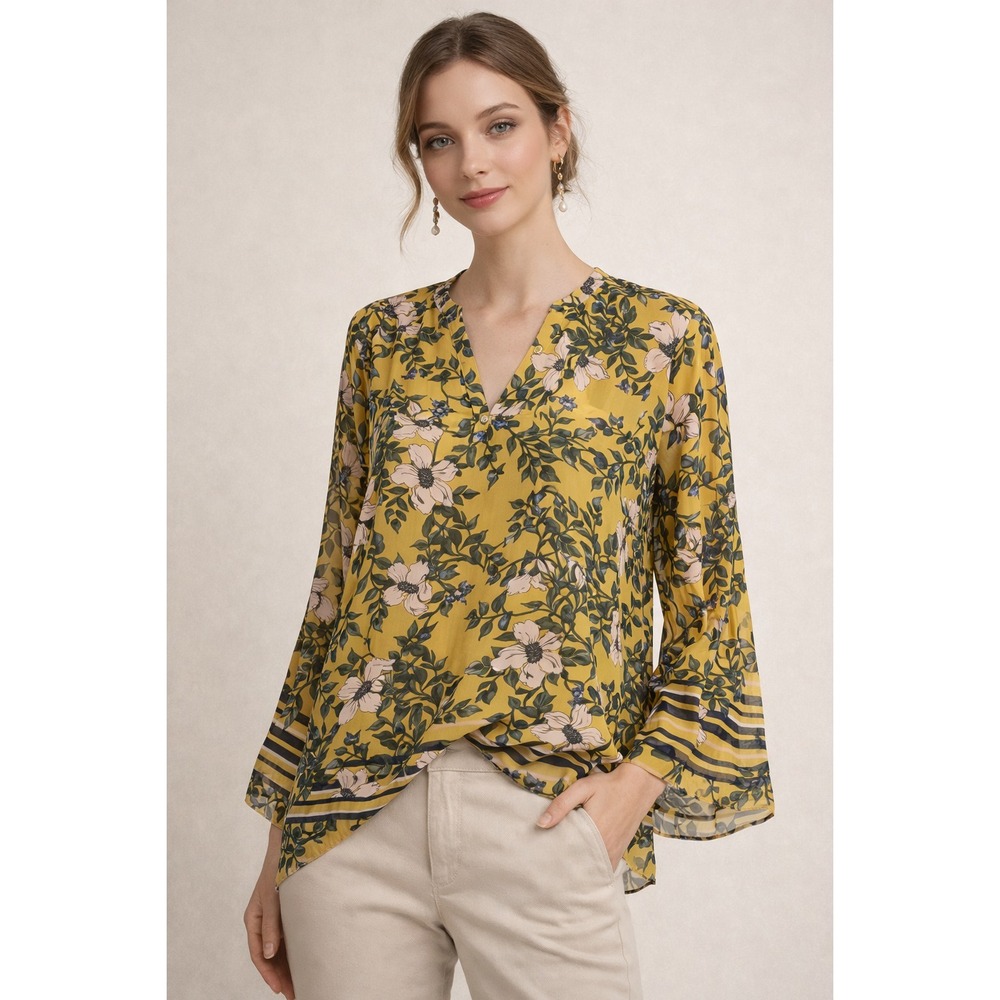 NWOT Cabi Women's Yellow Floral Striped Hem Flowy V‑Neck Blouse Top Size Small